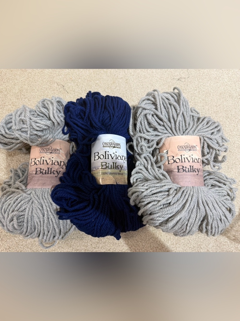Cascade Yarns Boliviana Bulky Silver and Storm Blue 100% Merino Wool 3 Skeins
